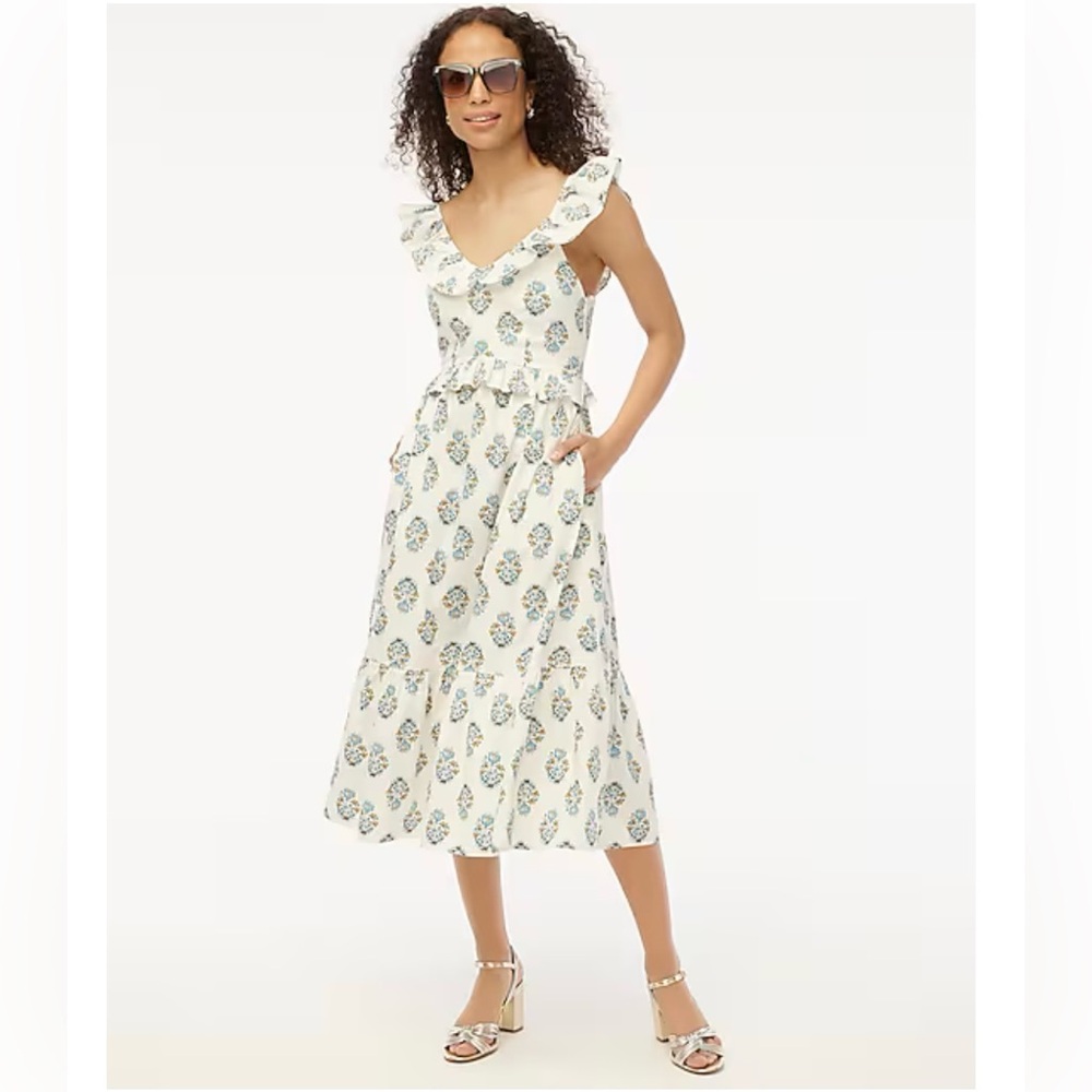 J. Crew Factory Cream Midi Dress with Blue Floral Print